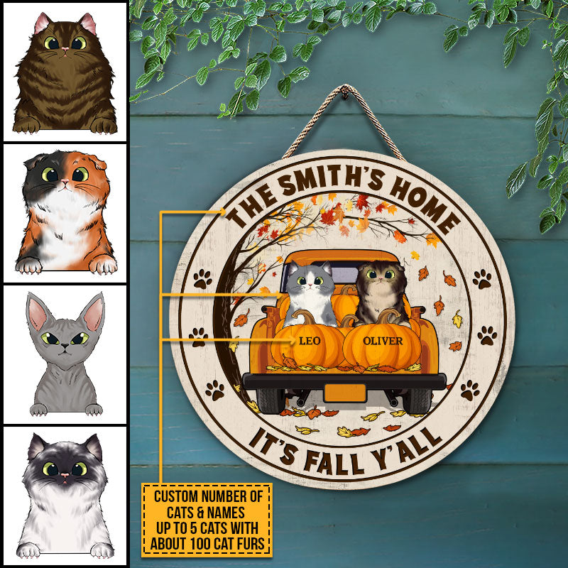 Cat Lovers It's Fall Y'all Custom Wood Circle Sign, Personalized Cat Sign, Fall Sign