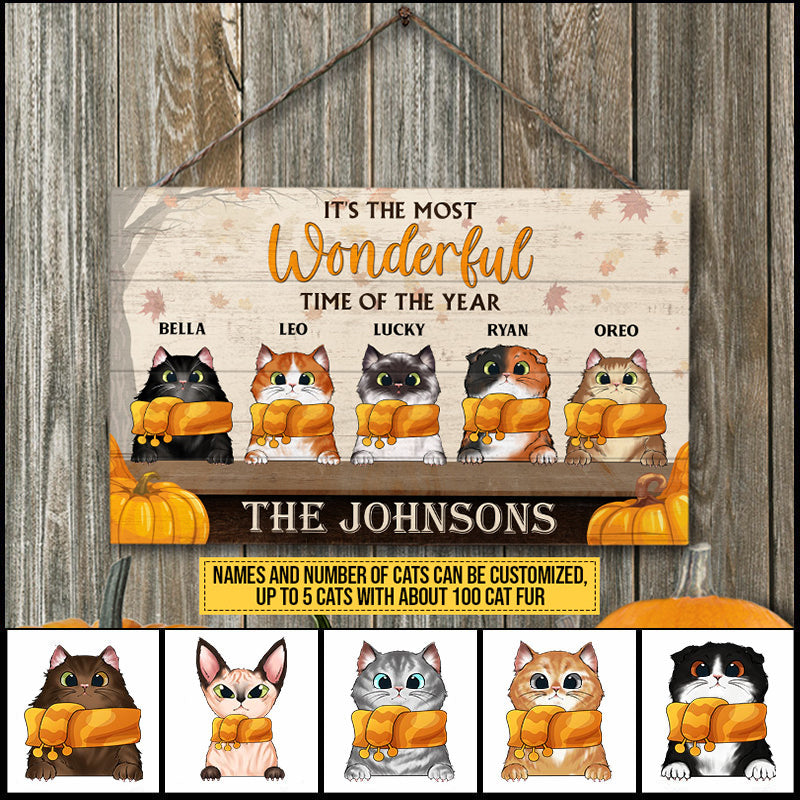 Cat Lovers Fall Is The Most Wonderful Time Custom Wood Rectangle Sign, Fall Decor, Thanksgiving Gift