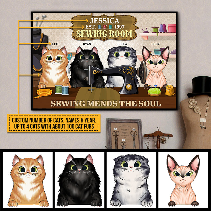 Cat Sewing Room Sewing Mends The Soul Custom Poster, Personalized Funny Cat Poster, Gift For Cat Lovers, Sewing Lovers