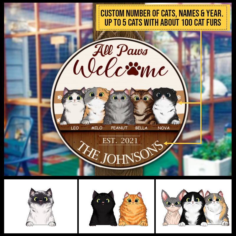 Cats All Paws Welcome Custom Wood Circle Sign, Gift For Cat Lovers, Front Door Decor, Personalized Cats Sign