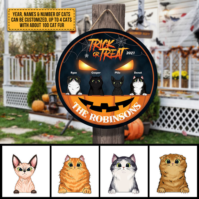 Cats Trick Or Treat Custom Wood Circle Sign, Halloween Decoration, Personalized Cats Welcome Sign