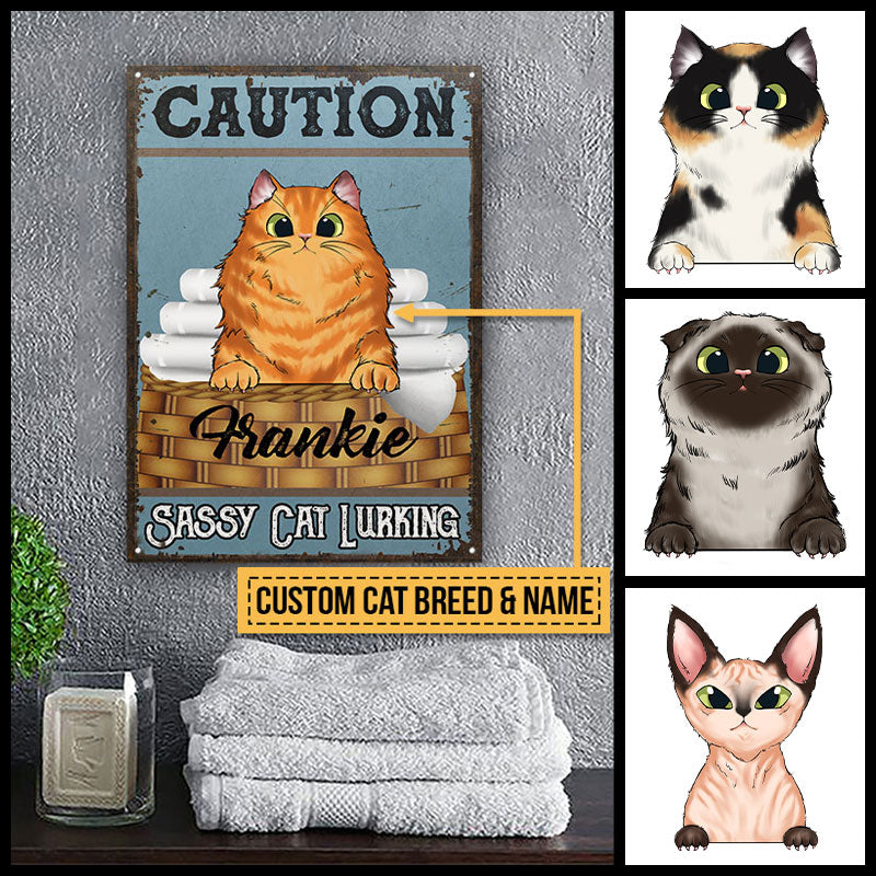 Caution Sassy Cat Lurking, Cat Lover Gift, Idea Bathroom Decoration, Custom Classic Metal Signs