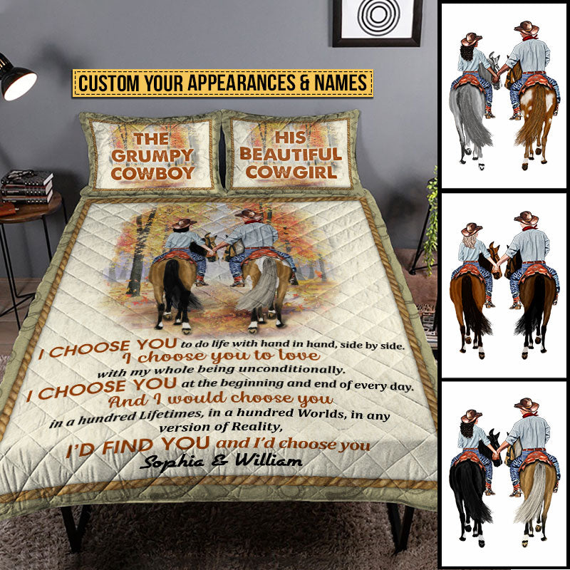 Cowboy Couple I Choose You Custom Quilt Bedding, Personalized Horse Couple Bedding Set, Couple Gift