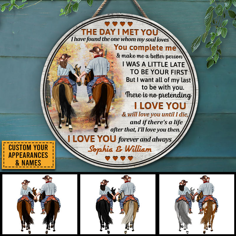 Cowboy Couple The Day I Met You Custom Wood Circle Sign, Personalized Horse Couple Wood Sign, Couple Gift