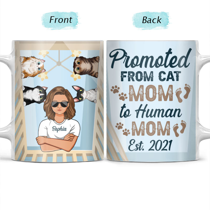 Promoted Cat Mom To Human Mom - Gift For New Mother - Personalized Custom White Edge-to-Edge Mug