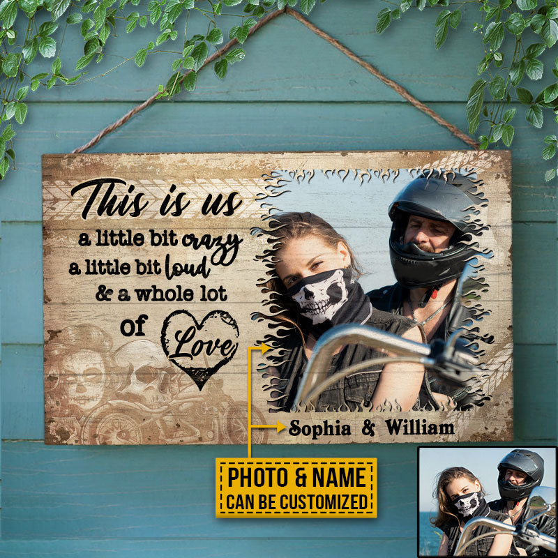 Custom Photo Motorcycling Skull Couple Husband Wife A Little Bit Of Crazy Photo Gift Custom Wood Rectangle Sign, Motorcycle, Anniversary, Wall Pictures, Wall Art, Wall Decor