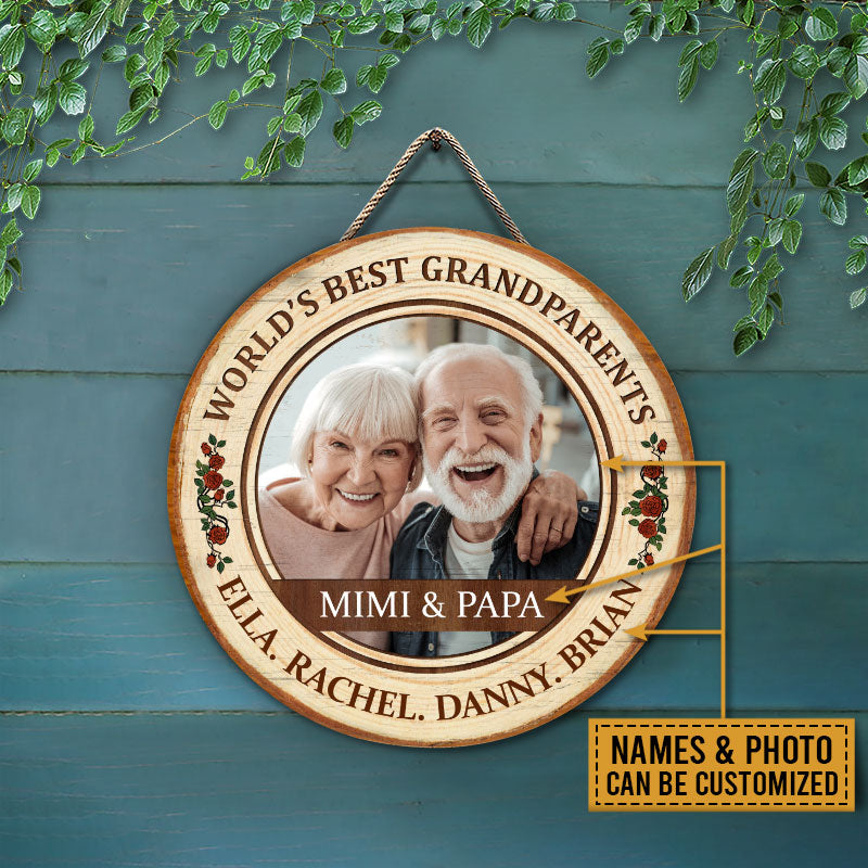 Custom Photo Family World's Best Grandparents Custom Wood Circle Sign, Grandparents Sign, Gift For Grandparents