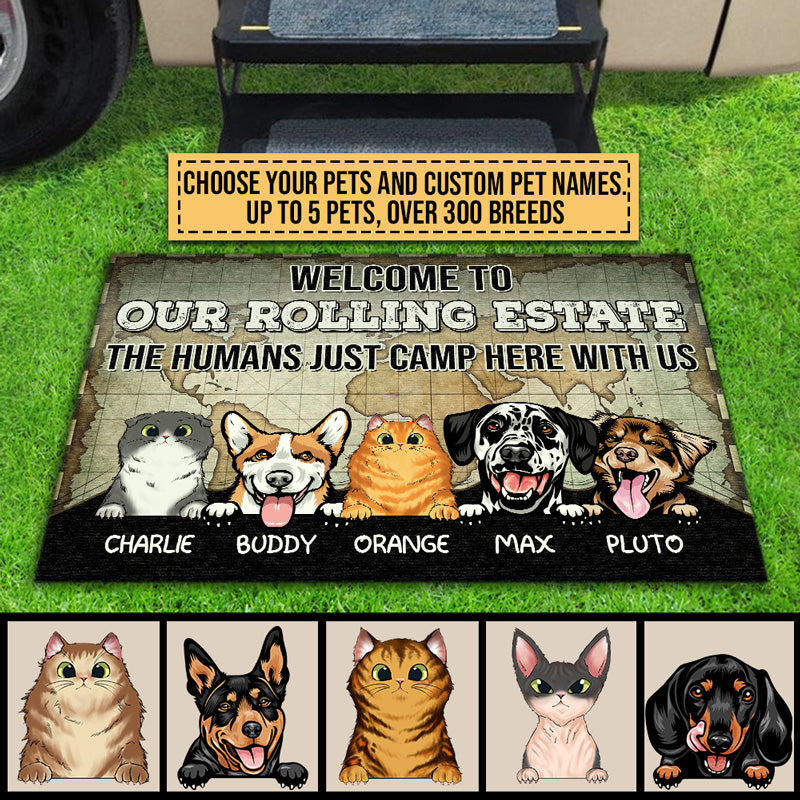 Camping Dog, Cat, Pet, Camper, RVs, Welcome Rolling Estate Custom Doormat