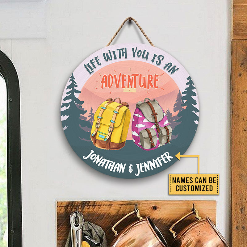 Camping Life With You Is An Adventure Custom Wood Circle Sign, Couple Gift, Camping Gift