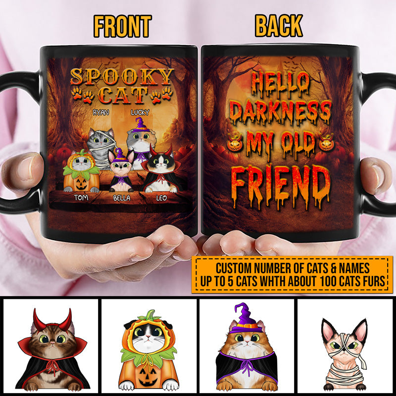Cat Cosplay Hello Darkness My Old Friend Custom Black Mug, Pumpkin, Devil & Witch Cat Costumes, Personalized Halloween Mug, Gift For Cat Lovers