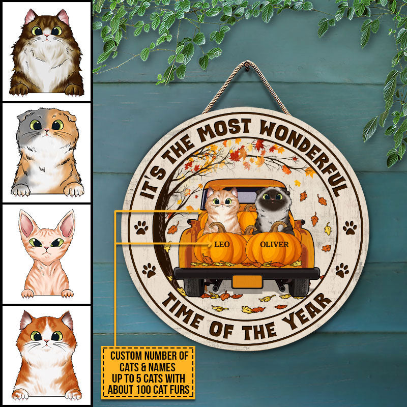 Cat Lovers Wonderful Time Of The Year Custom Wood Circle Sign, Personalized Cat Sign, Fall Sign