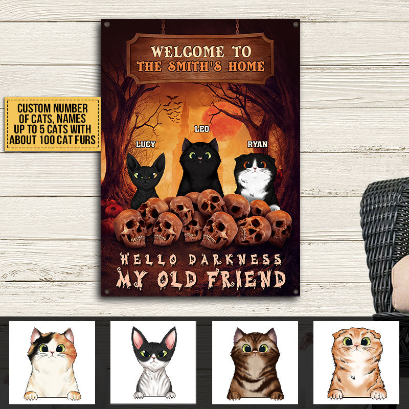 Cat Skull Hello Darkness My Old Friend Custom Classic Metal Signs, Personalized Cat Sign