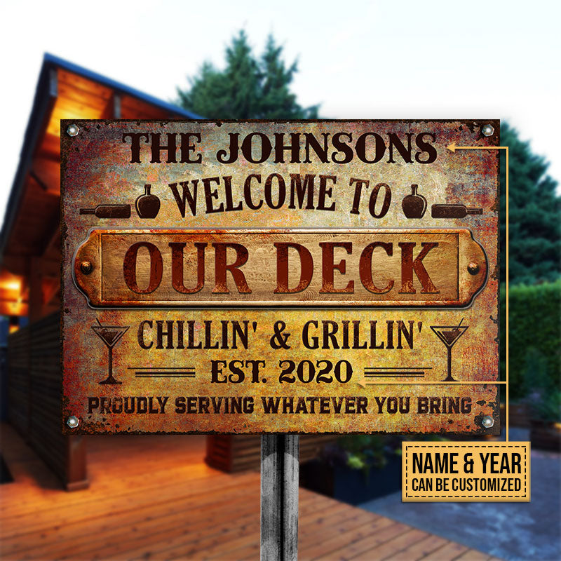 Deck Proudly Serving Whatever You Bring Rustic Custom Classic Metal Signs, Deck Bar Decor, Yard Sign