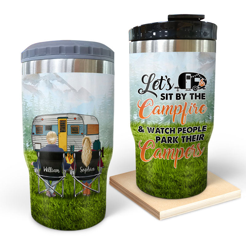 Let's Sit By The Fire Camping Couple - Gift For Couple - Personalized Custom Triple 3 In 1 Can Cooler
