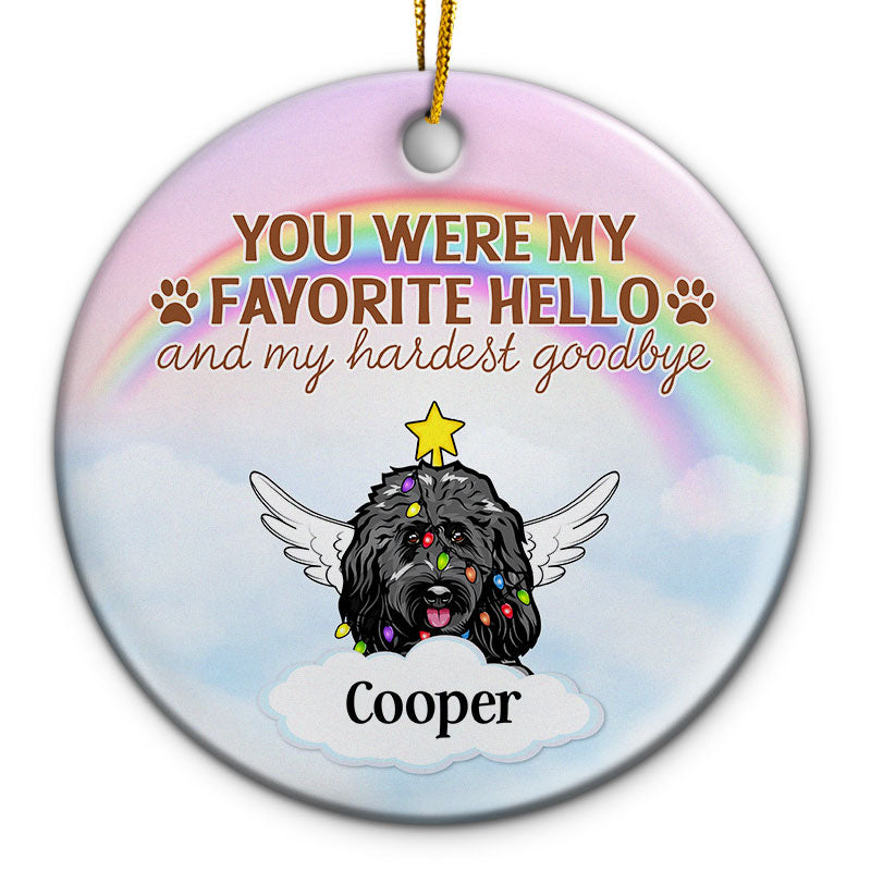 My Favorite Hello And Hardest Goodbye - Christmas Cat Dog Memorial Gift - Personalized Custom Circle Ceramic Ornament