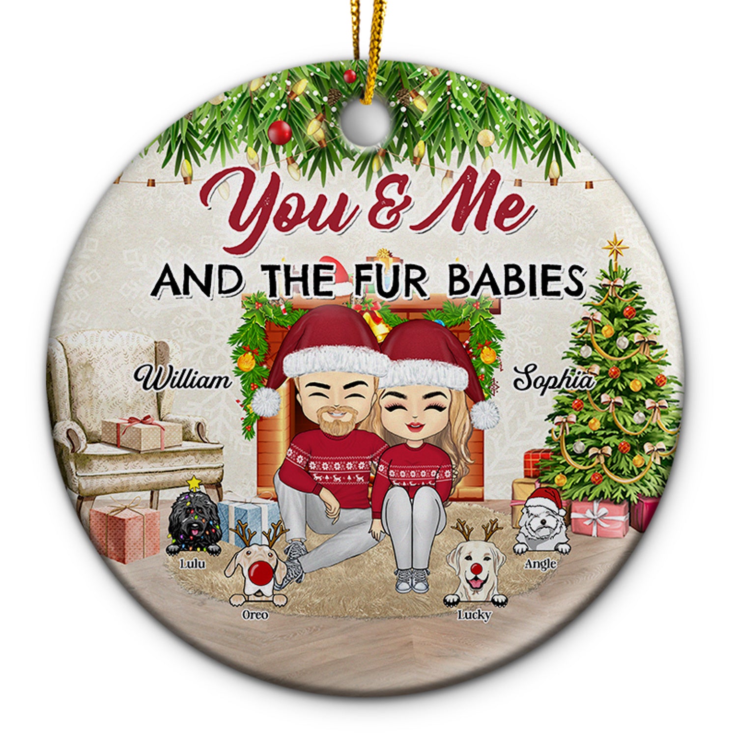 Couples You & Me And The Fur Babies - Christmas Gift For Dog Lovers And Cat Lovers - Personalized Custom Circle Ceramic Ornament