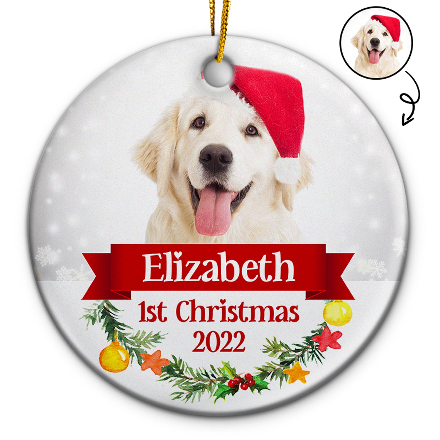 Custom Photo Dog Cat First Christmas - Christmas Gift For Pet Lovers - Personalized Custom Circle Ceramic Ornament