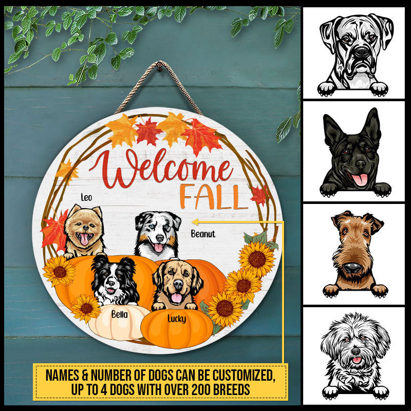Dog Welcome Fall Autumn Custom Wood Circle Sign, Dog Fall Door Hanger, Dog Lover Decorating Idea