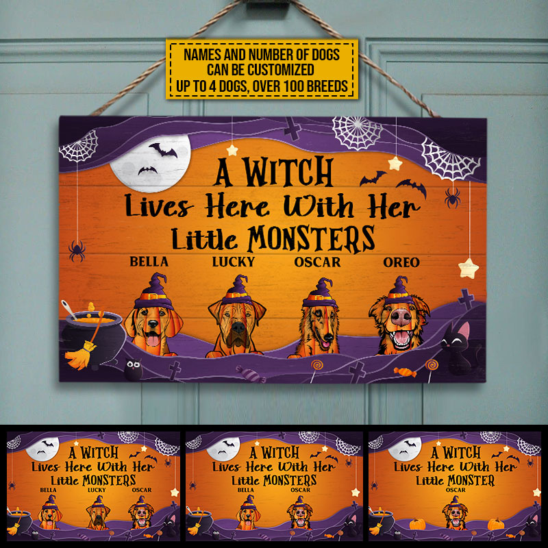 Dog Lovers Witch Her Little Monster Live Here Custom Wood Rectangle Sign, Dog Lover Gift, Witch Pumpkin Dog Costumes, Halloween Decor