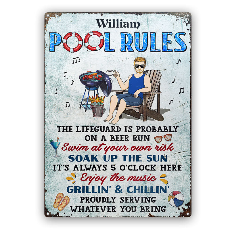 Pool Rules Swim At Your Own Risk Grilling Single - Backyard Sign - Personalized Custom Classic Metal Signs