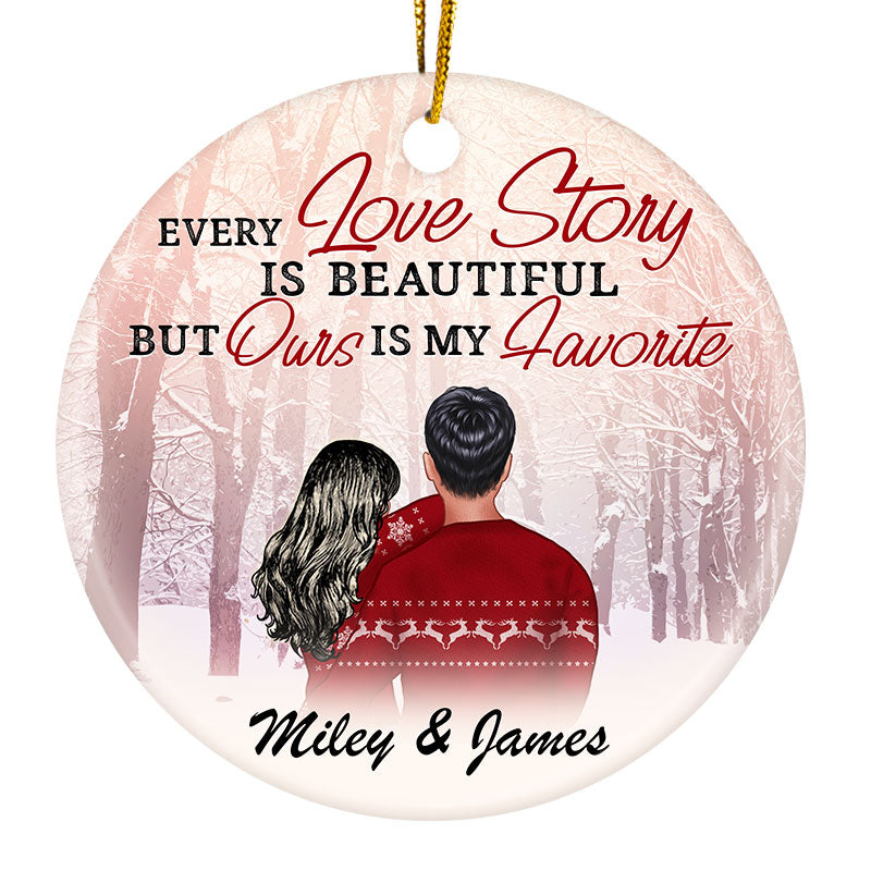 Love Story Ours Is My Favorite - Christmas Gift For Couple - Personalized Custom Circle Ceramic Ornament