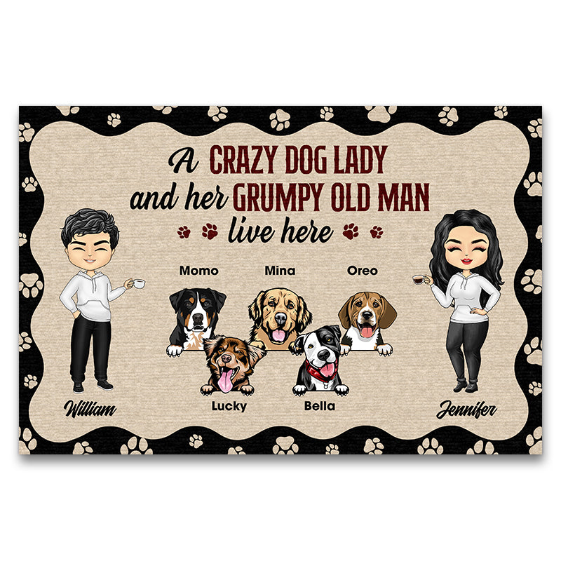 Chibi Couple Crazy Dog Lady & Her Grumpy Old Man - Dog Lover Gift - Personalized Custom Doormat