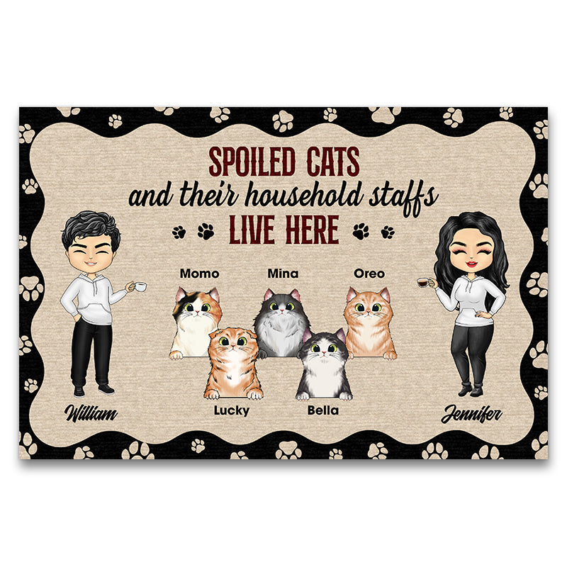 Chibi Couple  And Spoiled Cats Live Here - Cat Lover Gift - Personalized Custom Doormat