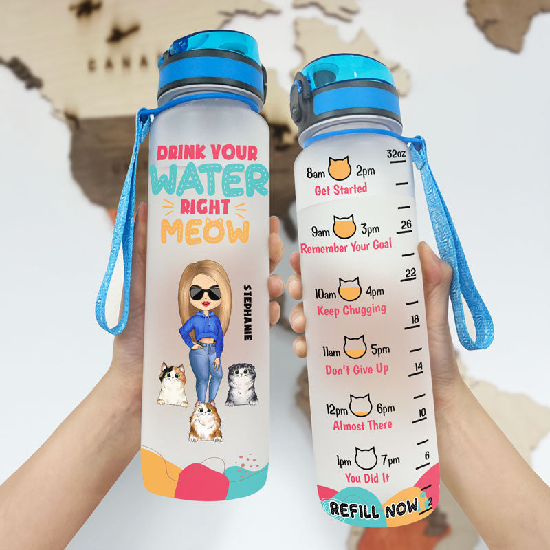 Drink Your Water Right Meow - Personalized Water Bottle With Time