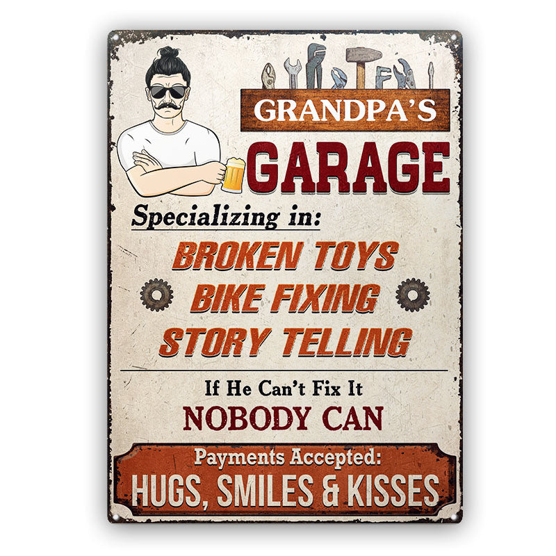 Grandpa's Garage Specializing In Broken Toys Bike Fixing - Father Gift - Personalized Custom Classic Metal Signs