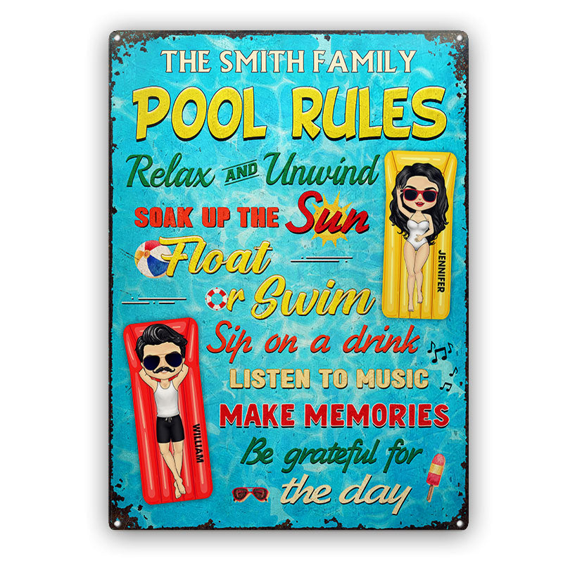 Pool Rules Float Or Swim Make Memories Couple Husband Wife - Backyard Sign - Personalized Custom Classic Metal Signs