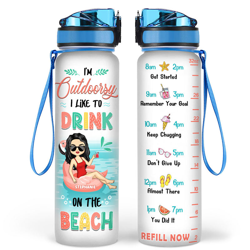Chibi Girl I Like To Drink On The Beach - Gift For Beach Lovers - Personalized Custom Water Tracker Bottle