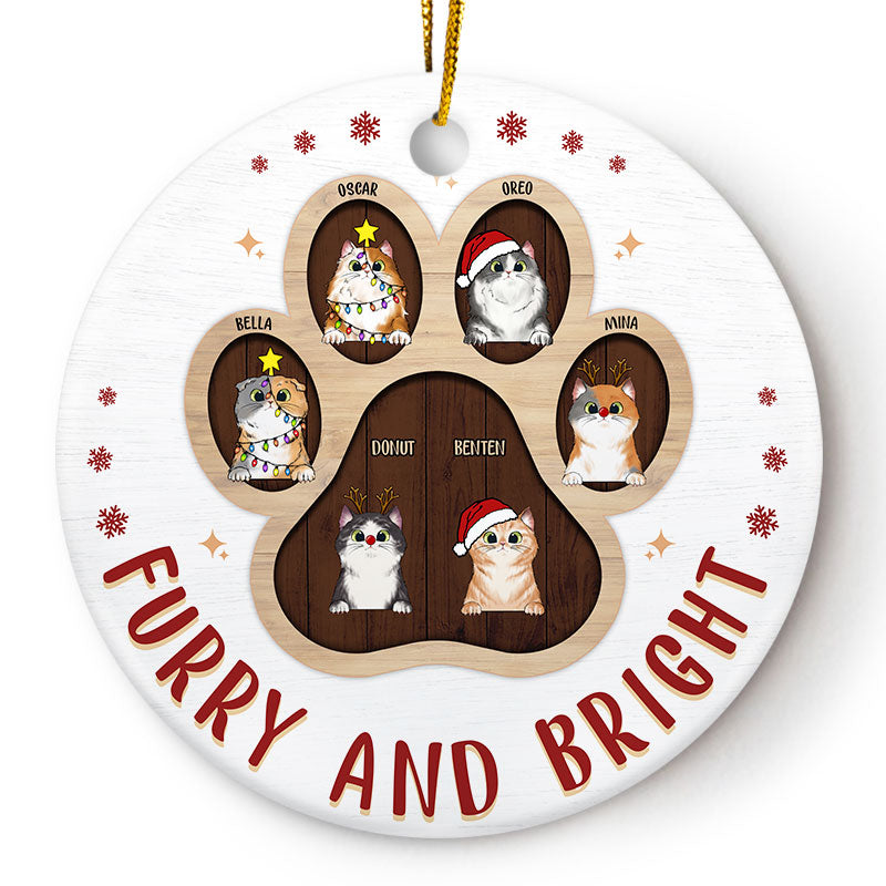 Furry And Bright - Christmas Gift For Cat Lovers - Personalized Custom Circle Ceramic Ornament