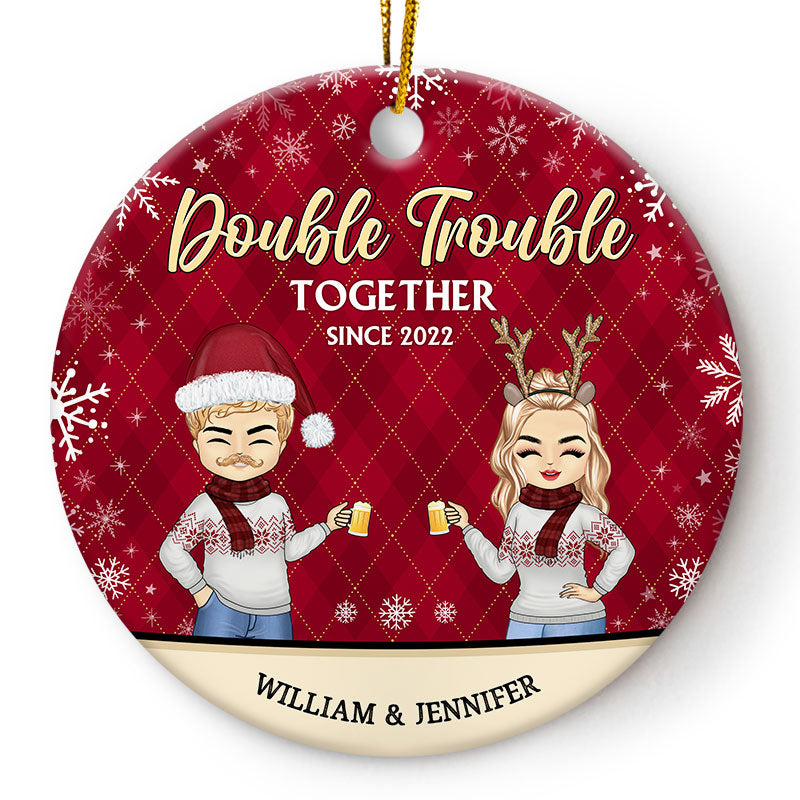 Double Trouble Together Since - Christmas Gift For Couple - Personalized Custom Circle Ceramic Ornament
