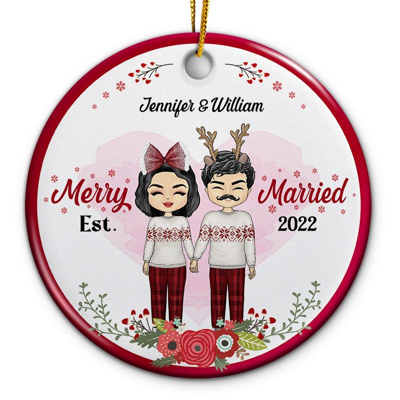 Merry & Married Husband Wife - Christmas Gift For Couples - Personalized Custom Circle Ceramic Ornament