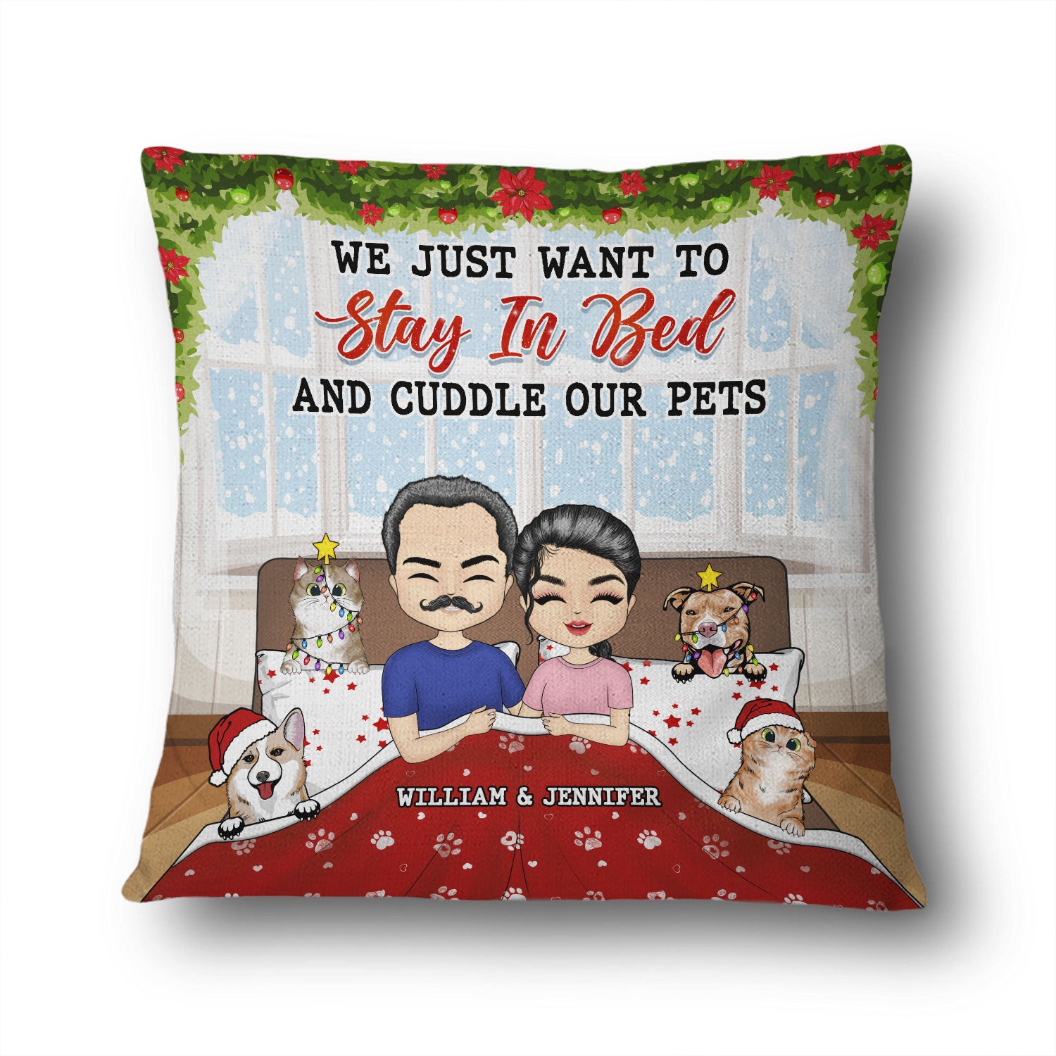 Couple Stay In Bed And Cuddle Our Pets Dog Cat - Christmas Gift For Couple - Personalized Custom Pillow