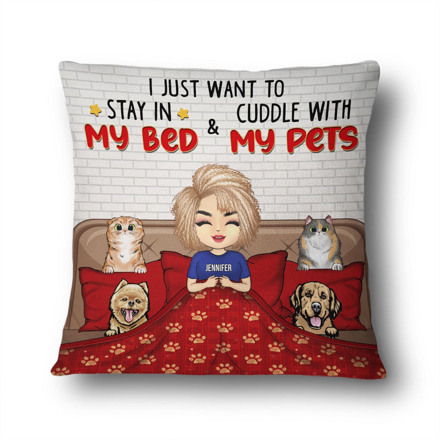 Dog Cat Lovers Stay In Bed Cuddle With Pet - Gift For Pet Owners - Personalized Custom Pillow