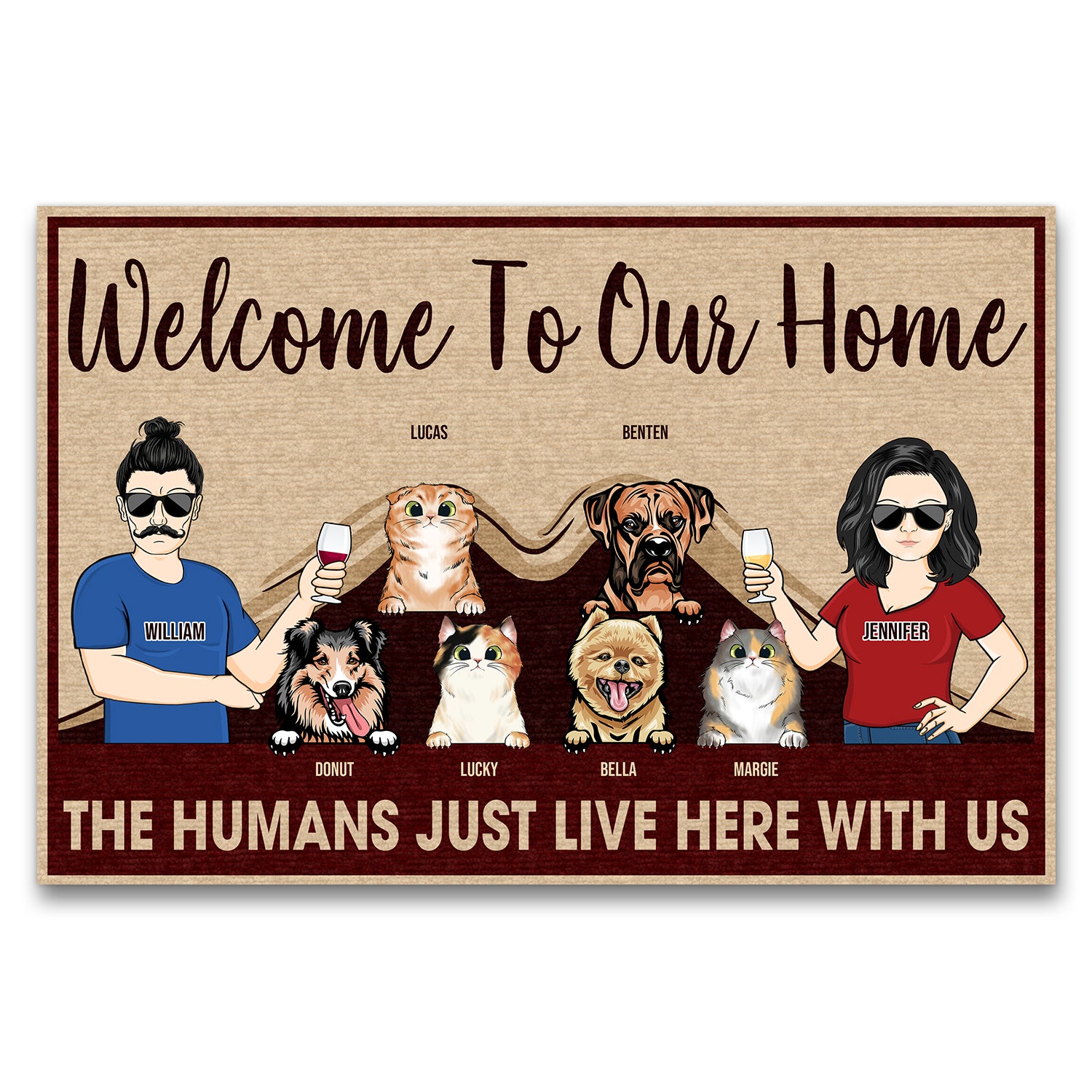 The Humans Just Live Here Couple With Dog Cat - Gift For Pet Lovers - Personalized Custom Doormat