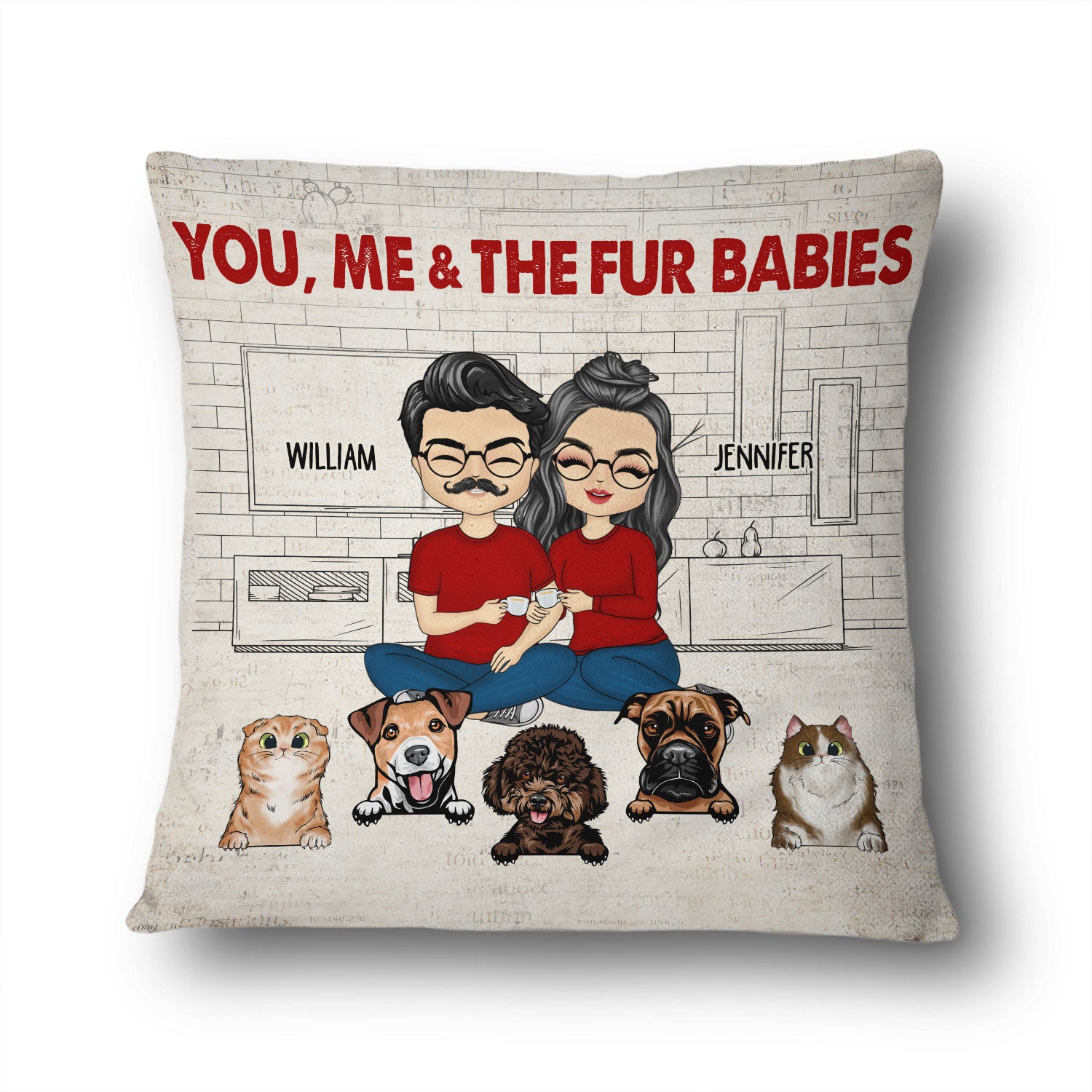 Chibi Couple With The Fur Babies - Gift For Dog & Cat Lovers - Personalized Custom Pillow