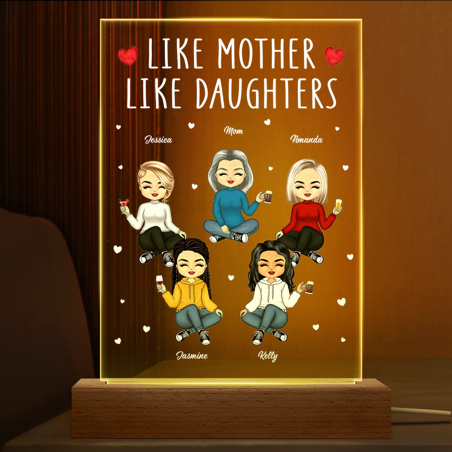 Like Mother Like Daughter - Gift For Mom - Personalized Custom 3D Led Light Wooden Base