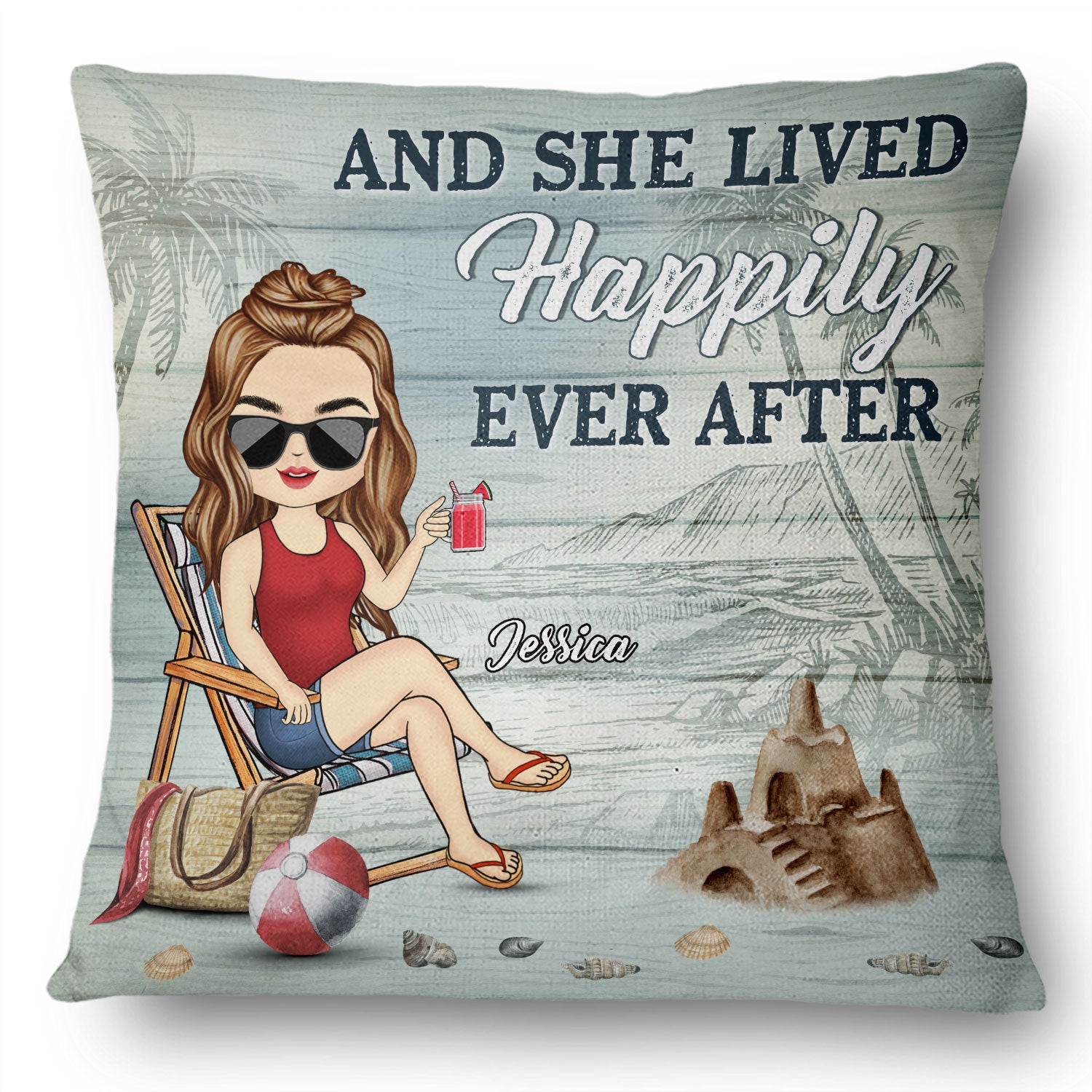 And She Lived Happily Ever After Beach Summer Vibe - Gift For Her, Yourself, Girlfriend, BFF Best Friends, Sister, Traveling Lovers - Personalized Custom Pillow