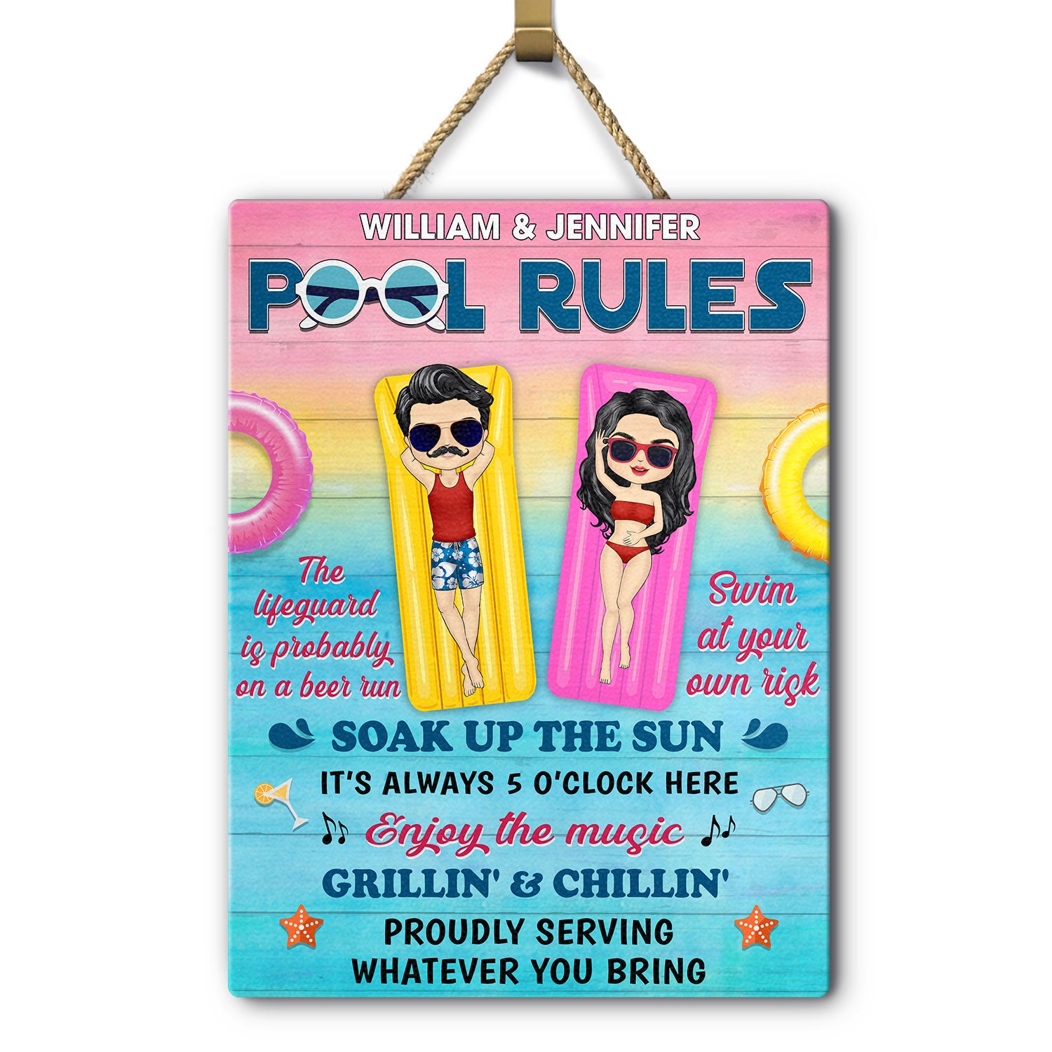 Pool Rules Swim At Your Own Risk Grilling Couple Husband Wife - Pool Sign - Personalized Custom Shaped Wood Sign