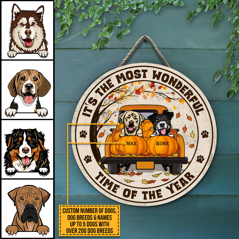 Dog Lovers Wonderful Time Of The Year Custom Wood Circle Sign, Personalized Dog Sign, Fall Sign