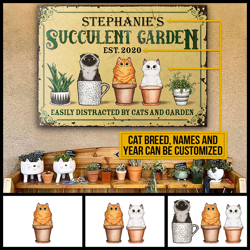 Easily Distracted By Cats And Garden, Cat Lover Gift, Succulent Planters Gift, Garden Sign, Outdoor Decor, Custom Classic Metal Signs