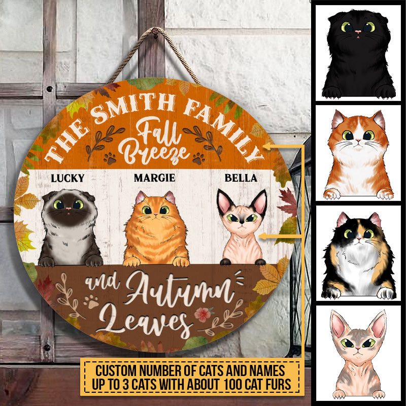 Fall Breeze And Autumn Leaves, Cat Lover Gift, Autumn Front Door Decor, Custom Wood Circle Sign