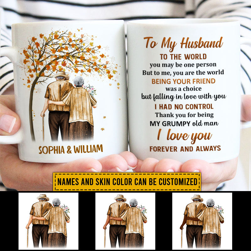 Family Old Couple To My Husband You Are The World Fall Leaves Skin Custom Mug, Couple Gift, Anniversary Gift, Memorial Gift, Grandparents Day Gifts