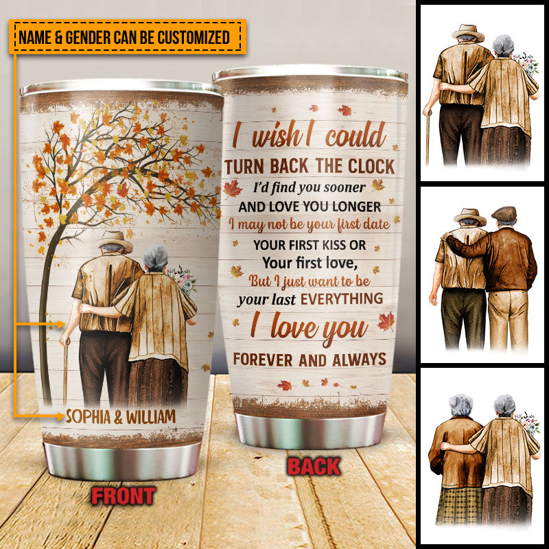 Family Pride Husband Wife Old Couple Turn Back The Clock Fall Leaves Custom Tumbler, Couple Gift, Anniversary Gift, Memorial Gift, Grandparents Day Gifts