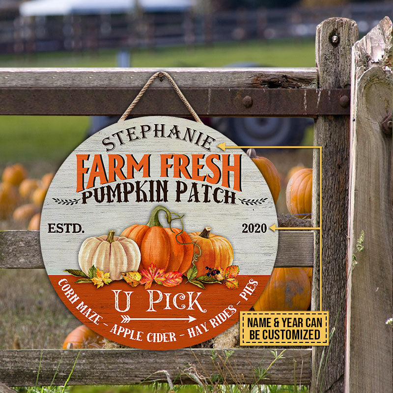 Farm Fresh Pumpkin Patch Custom Wood Circle Sign, Autumn Thanksgiving Farmhouse Harvest Decoration