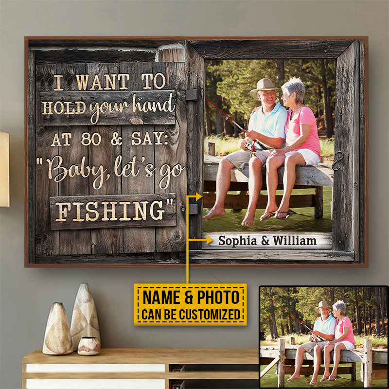 Custom Photo Fishing Old Couple Husband Wife Hold Your Hand Window Photo Gift Custom Poster, Wall Pictures, Wall Art, Wall Decor