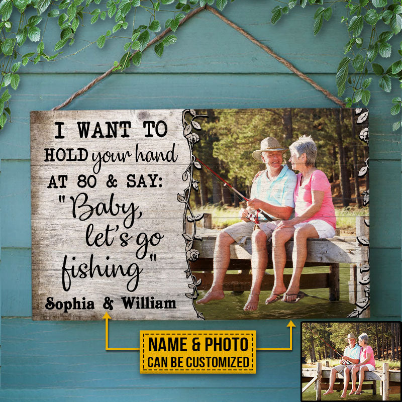 Custom Photo Fishing Old Couple Husband Wife Hold Your Hand Photo Gift Custom Wood Rectangle Sign, Wall Pictures, Wall Art, Wall Decor