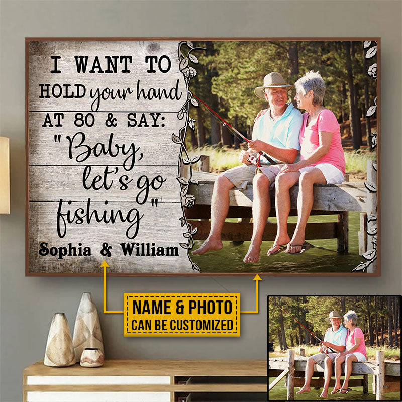 Custom Photo Fishing Old Couple Husband Wife Hold Your Hand Photo Gift Custom Poster, Wall Pictures, Wall Art, Wall Decor